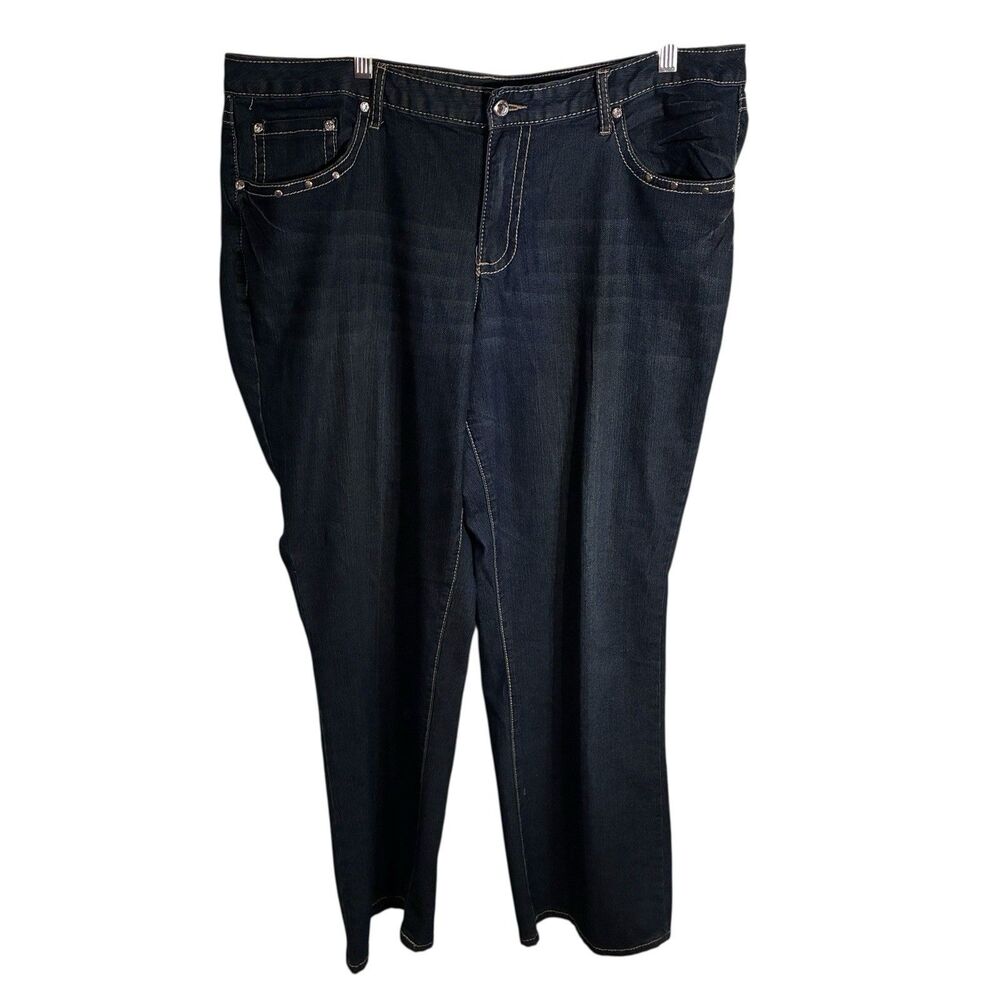 Cato Woman Dark Denim Blue Jeans W/ Embroidered, Rhinestones,Studded Pockets 20W